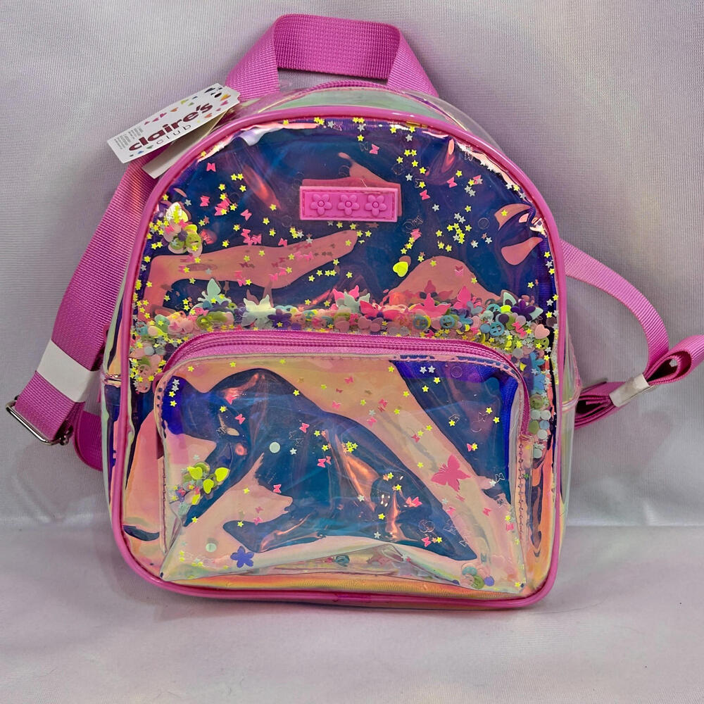 Claire’s Club Kids Pink Holographic Mini Backpack Glitter Confetti Bag